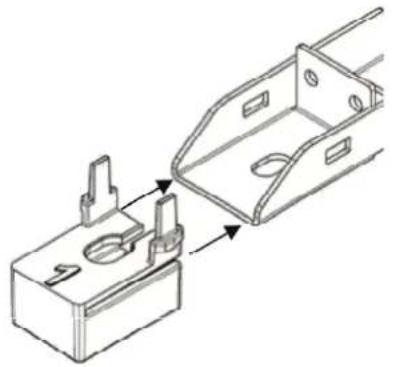 Technical line drawing of a mechanical component with two parts inserted, showing alignment and assembly (no text or symbols)