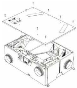 Technical line drawing of an open industrial machine with internal components and mounting holes (no text or labels)