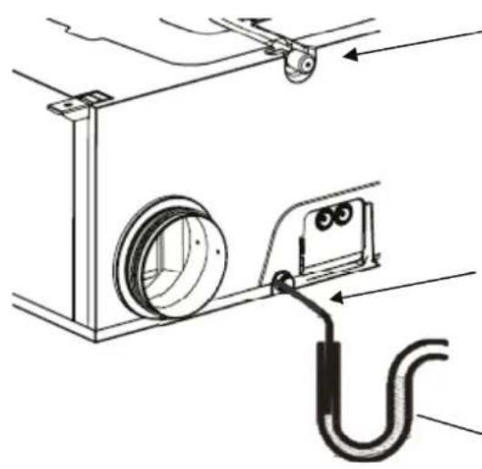 Technical line drawing of a mechanical assembly with a curved pipe and circular component (no text or symbols)