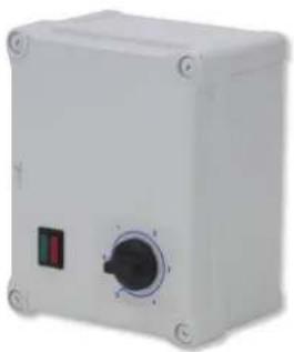 White rectangular industrial control box with a rotary knob and indicator button (no visible text or symbols)