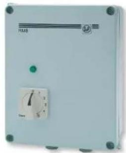 Front view of a light blue industrial control panel with a green indicator dial and 'RMB' label (no readable text beyond branding)