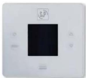 White electronic device with a black square display and a small circular logo above it (no readable text or symbols)