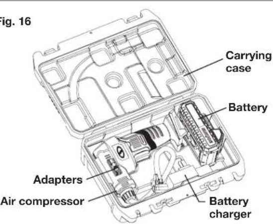 Fig. 16 Carrying case Battery Adapters Air compressor Battery charger