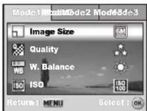 Mode1 Mode2 Mode3 Image Size Quality W. Balance ISO ISO 100 Return: MENU Select: OK
