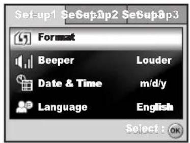 Set-up1 SeSapUp2 SeSapUp3 Format Beeper Louder Date & Time m/d/y Language English Select : OK