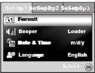 Set-up1 SeSap2ip2 SeSap6p3 Formatt Beeper Louder Date & Time m/d/y Language English Select: OK