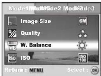 Mode1 Mode2 Mode3 Image Size 6M Quality ★ WB W. Balance ISO ISO 100 Return: MENU Select: OK