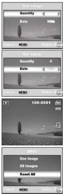 One Image Quantity Date With Cancel | MENU | Select iCan One Image Quantity 0 Date Cancel | MENU | Select iCan 100-0001 DPOF One Image All Images Reset All Cancel | MENU | Select iCan