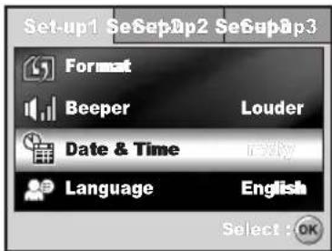 Set-up1 SeSepUp2 SeSepUp3 Format Beeper Date & Time Language Louder English Select : OK