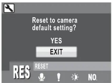 Reset to camera default setting? YES EXIT RES RESET NO.