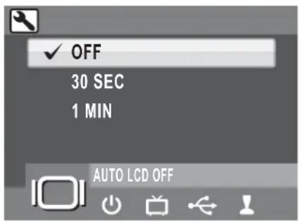 OFF 30 SEC 1 MIN AUTO LCD OFF