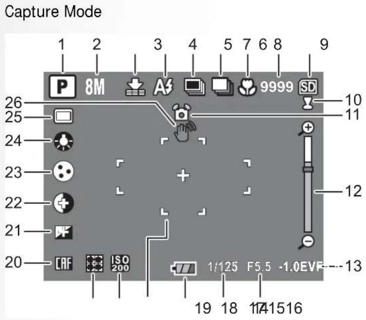 Capture Mode 1 2 3 4 5 6 7 8 9 P 8M A 9999 SD 26 10 25 11 24 + 23 + 22 - 21 - 20 CAF ISO 200 1/125 F5.5 -1.0EVF ---13 19 18 17 15 16