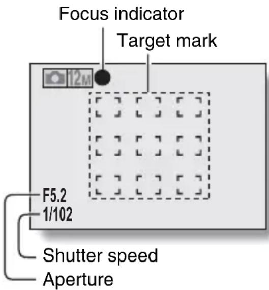 Focus indicator Target mark 12M F5.2 1/102 Shutter speed Aperture