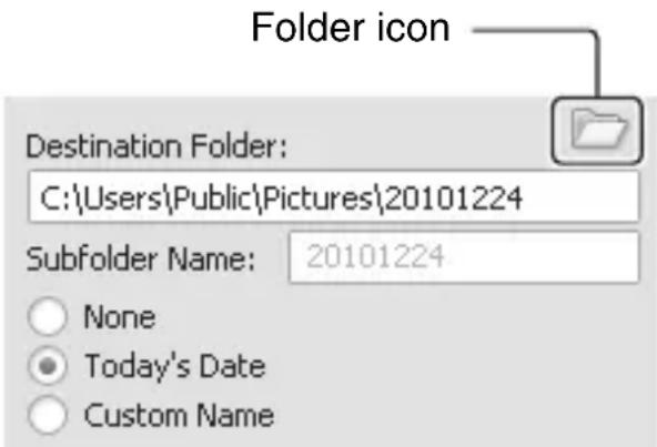 Folder icon Destination Folder: C:\Users\Public\Pictures\20101224 Subfolder Name: 20101224 None Today's Date Custom Name