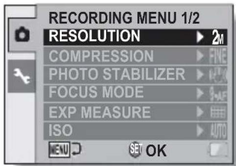 RECORDING MENU 1/2 RESOLUTION ▶ 2M COMPRESSION ▶ FINE PHOTO STABILIZER ▶ R-10 FOCUS MODE ▶ 9-AE EXP MEASURE ▶ ISO ▶ AUTO OK SET