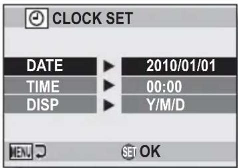CLOCK SET DATE ▶ 2010/01/01 TIME ▶ 00:00 DISP ▶ Y/M/D MEN. ⬆ SET OK