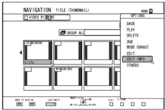 NAVIGATION TITLE (THUNBAIL) VIDEO PICTURE GROUP ALL BACK PLAY DELETE DUB MODE CHANGE EDIT EDIT INFO OTHERS ITEMS POST NO EXIT GROUP SELECT ON HOTTER LIST FLOWER