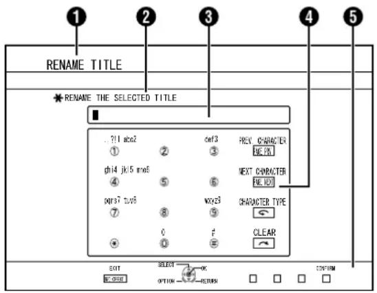 RENAME TITLE ★RENAME THE SELECTED TITLE .211 abc2 ① ② ghi4 jkl5 mrs6 ④ ⑤ p#37 Tuv8 ⑦ ⑧ 0 ⑨ ORF3 ORF3 REV CHARACTER HE PKT NEXT CHARACTER HE IDT WOX23 CHARACTER TYPE CLEAR EXIT SELECT OK OPTION RETURN CONFIRM