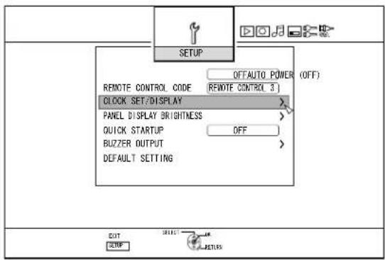 SETUP DEFAULT POWER (OFF) REMOTE CONTROL CODE REMOTE CONTROL 3 CLOCK SET/DISPLAY > PANEL DISPLAY BRIGHTNESS > QUICK STARTUP OFF > BUZZER OUTPUT > DEFAULT SETTING EXIT SELECT OK RESETS