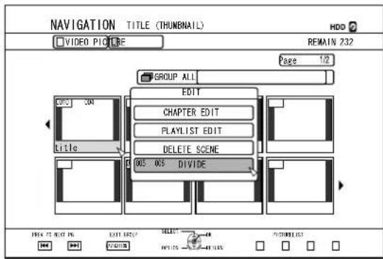 NAVIGATION TITLE (THUMBNAIL) VIDEO PICTURE REMAIN 232 GROUP ALL EDIT CHAPTER EDIT PLAYLIST EDIT DELETE SCENE 005 005 DIVIDE HOLD POST INS EXIT GROUP SELECT PICKERS LIST HOLD