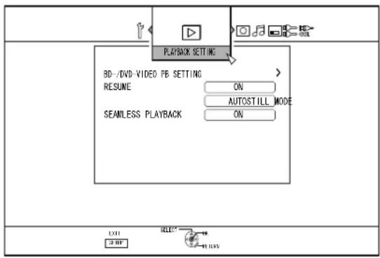 PLAYBACK SETTING BD-/DVD-VIDEO PB SETTING RESUME ON AUTOSTILL MODE SEAMLESS PLAYBACK ON EXIT SELECT 30 OFF 49.115%