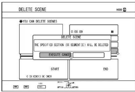 DELETE SCENE HDD ? *YOU CAN DELETE SCENES 0:00:09 DELETE SCENE THE SPECIFIED SECTION (XX SEGMENT(S)) WILL BE DELETED EXECUTE CANCEL START END 0:00:0001:00:0004 START END OPTION RESET