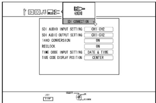 SDI SDI CONNECTION SDI AUDIO INPUT SETTING CH1-CH2 SDI AUDIO OUTPUT SETTING CH1-CH2 1440 CONVERSION ON RECLOCK ON TIME CODE INPUT SETTING DATE & TIME TIVE CODE DISPLAY POSITION CENTER SDI SELECT START OK START