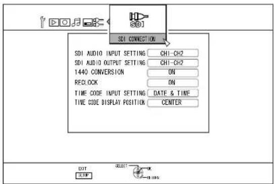 SDI SDI CONNECTION SDI AUDIO INPUT SETTING CH1-CH2 SDI AUDIO OUTPUT SETTING CH1-CH2 1440 CONVERSION ON RECLOCK ON TIME CODE INPUT SETTING DATE & TIME TIME CODE DISPLAY POSITION CENTER EXIT SETUP SELECT OK 15 LINS