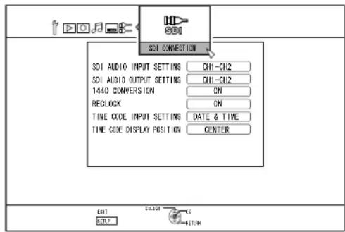 SOI SOI CONVERSION SOI AUDIO INPUT SETTING Q11-Q12 SOI AUDIO OUTPUT SETTING Q11-Q12 1440 CONVERSION ON RECLOCK ON TIME CODE INPUT SETTING DATE & TIME TIME CODE DISPLAY POSITION CENTER EXIT SETUP SELECT OK STRAW