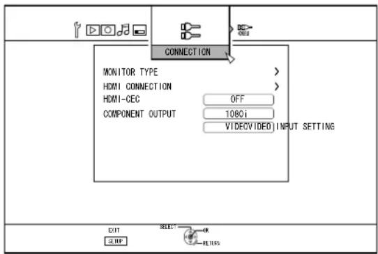 CONNECTION MONITOR TYPE > HDMI CONNECTION > HDMI-CEC OFF COMPONENT OUTPUT 1080i VIDEO/VIDEO INPUT SETTING EXIT SELECT OK ON PE 105%