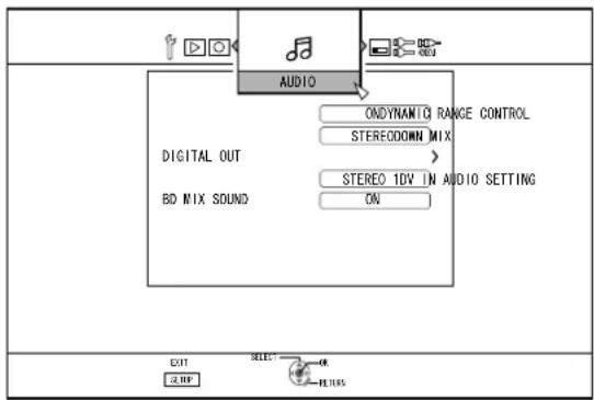 AUDIO ONDYNAMIC RANGE CONTROL STEREO DOWN MIX DIGITAL OUT STEREO 10V IN AUDIO SETTING BD MIX SOUND ON EXIT SELECT OK EXIT OF PER ITEMS