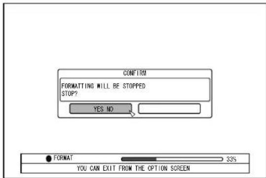 CONFIRM FORMATING WILL BE STOPPED STOP? YES NO ● FORMAT 33% YOU CAN EXIT FROM THE OPTION SCREEN