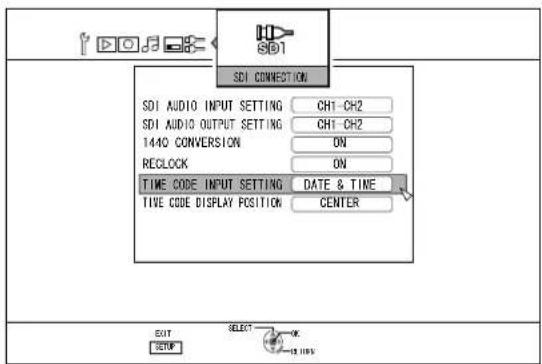 SDI SDI CONNECTION SDI AUDIO INPUT SETTING CH1 CH2 SDI AUDIO OUTPUT SETTING CH1 CH2 1440 CONVERSION ON RECLOCK ON TIME CODE INPUT SETTING DATE & TIME TIME CODE DISPLAY POSITION CENTER EXIT SETMP SELECT OK 100%
