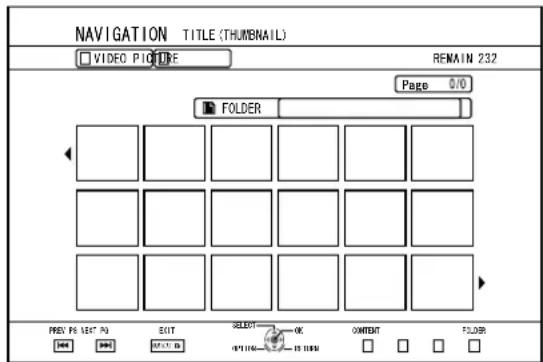 NAVIGATION TITLE (THUNENAIL) VIDEO PICTURE REMAIN 232 Page 0.0 FOLDER PREV PE LET PA EXIT SELECT OK CONTENT FOLDER