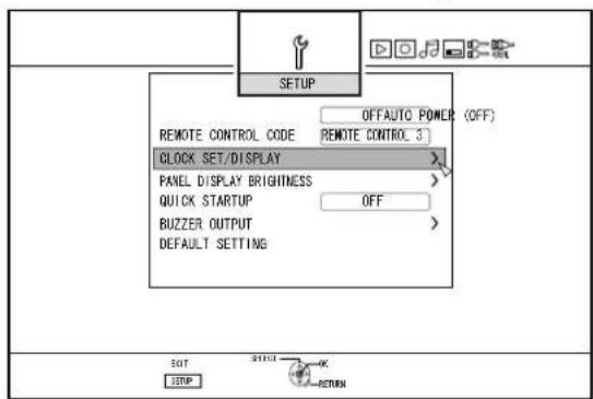 SETUP OFFAUTO POWER (OFF) REMOTE CONTROL CODE REMOTE CONTROL 3 CLOCK SET/DISPLAY PANEL DISPLAY BRIGHTNESS QUICK STARTUP OFF BUZZER OUTPUT DEFAULT SETTING SET 21101 OK RETURN