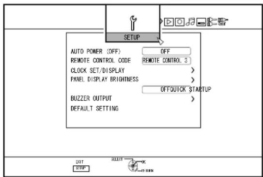 AUTO POWER (OFF) OFF REMOTE CONTROL CODE REMOTE CONTROL 3 CLOCK SET/DISPLAY > PANEL DISPLAY BRIGHTNESS > OFF/QUICK STARTUP BUZZER OUTPUT > DEFAULT SETTING 2017 2018 OK 2019 2020