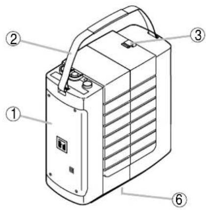Diagram of a battery with numbered parts labeled 1 to 6 for identification.
