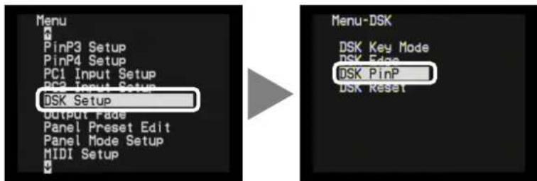 Menu PinP3 Setup PinP4 Setup PC1 Input Setup PC2 Input Setup DSK Setup Output Fade Panel Preset Edit Panel Mode Setup MIDI Setup Menu-DSK DSK Key Mode DSK Edge DSK PinP DSK Reset