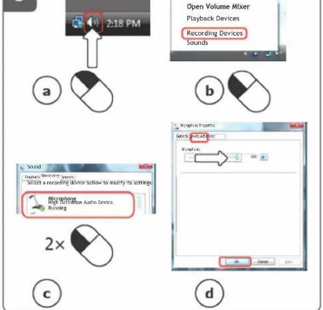 2:18 PM a b Open Volume Mixer Playback Devices Recording Devices Sounds Sound Playback, Recorded Speechs Select a recording device below to modify its settings Microphone High Definition Audio Device Running 2× c d Microphone Properties Search Audio Devices Mouse Tools OK Cancel OK