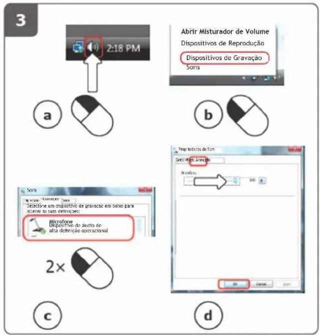 3 2:18 PM a b Abirir Misturador de Volume Dispositivos de Reprodução Dispositivos de Gravação Sons SOM Microfone Dispositivo de áucho de alta definição operacional 2× c d Prop leixões do Son Soma Mio de Aroção Nueções OK Cancel