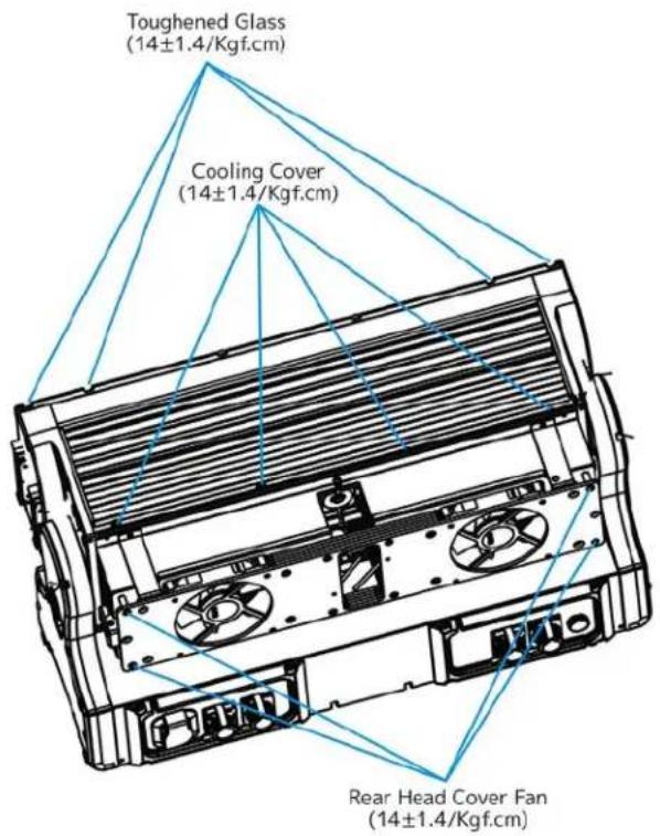 Toughened Glass (14±1.4/Kgf.cm) Cooling Cover (14±1.4/Kgf.cm) Rear Head Cover Fan (14±1.4/Kgf.cm)