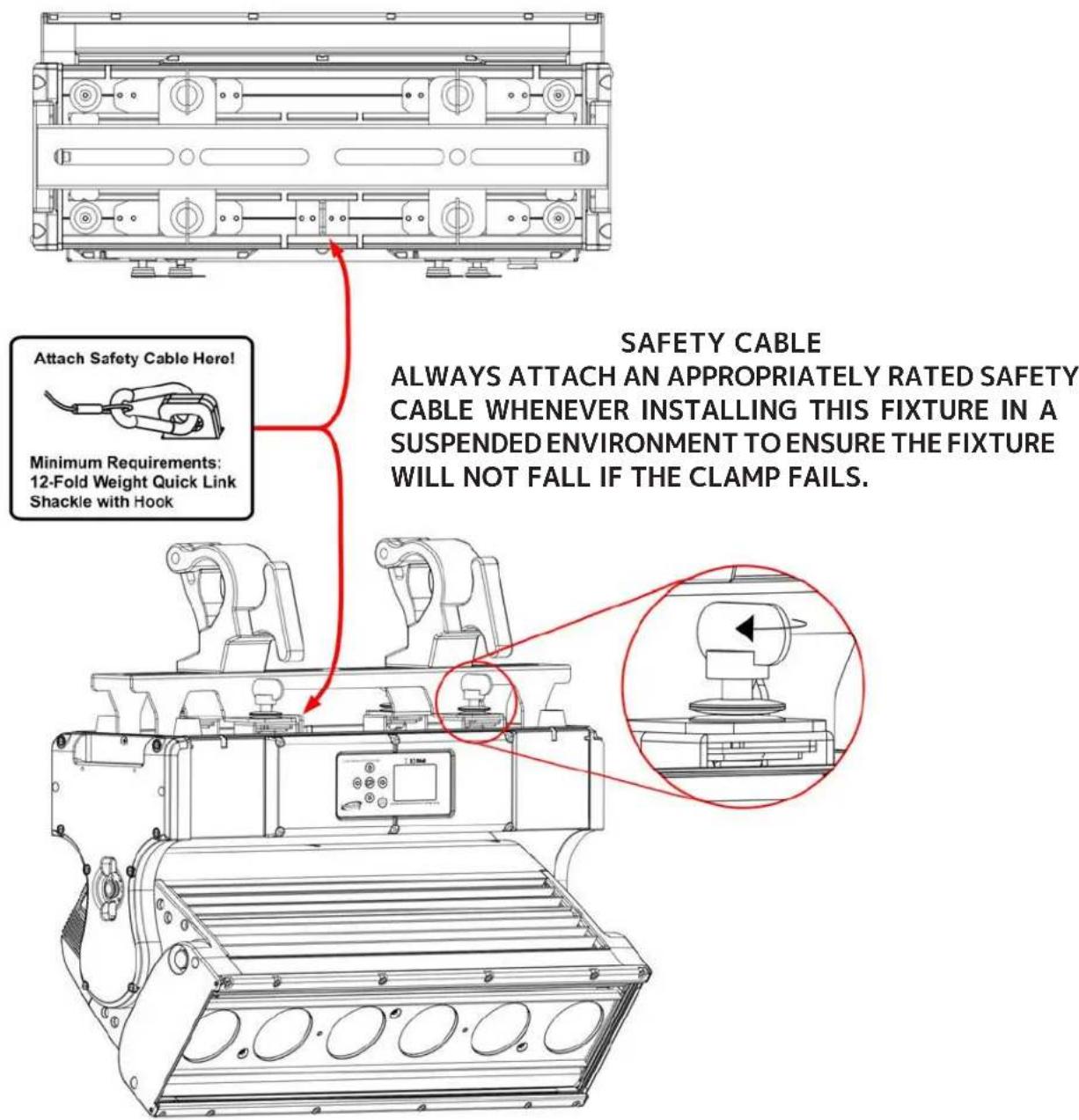 Attach Safety Cable Here! Minimum Requirements: 12-Fold Weight Quick Link Shackle with Hook SAFETY CABLE ALWAYS ATTACH AN APPROPRIATELY RATED SAFETY CABLE WHENEVER INSTALLING THIS FIXTURE IN A SUSPENDED ENVIRONMENT TO ENSURE THE FIXTURE WILL NOT FALL IF THE CLAMP FAILS.