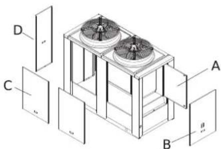Technical diagram of a multi-tiered industrial fan or cooling unit with labeled components A, B, C, D