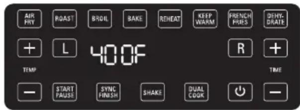 AIR FRY RGAST BROIL BAKE REHEAT KEEP WARM FRENCH FRIES DEHY- DRATE + L 400F R + TEMP TIME - START PAUSE SYNC FINISH SHAKE DUAL COOK -