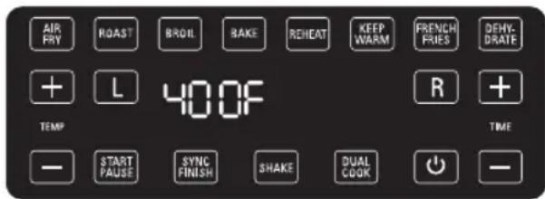 AIR FRY ROAST BROIL BAKE REHEAT KEEP WARM FRENCH FRIES DEHYK DRATE + L 40.0F R + TEMP - START PAUSE SYNC FINISH SHAKE DUAL COOK - TIME