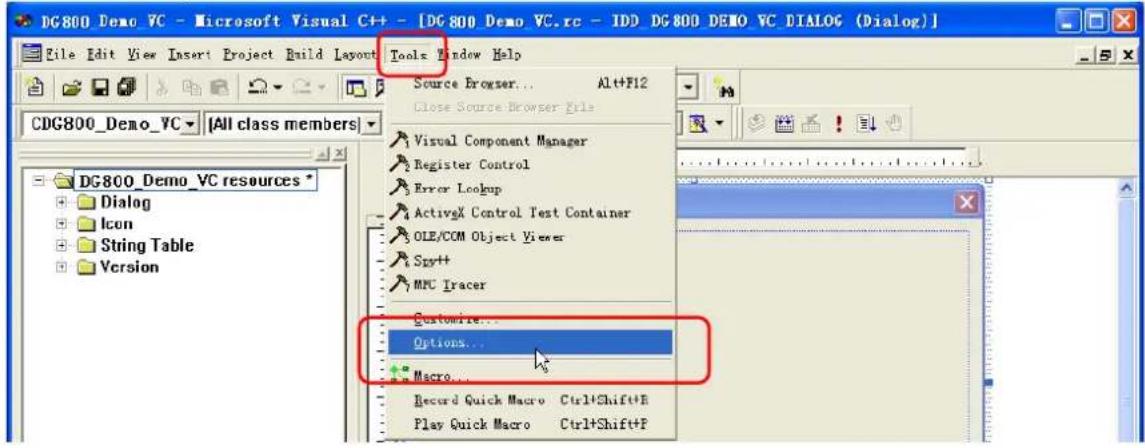 DG800_Demo_VC - Microsoft Visual C++ - [DG 800 Demo_VC.rc - IDD DG800 DEMO VC_DIALOG (Dialog)] File Edit View Insert Project Build Layout Tools Window Help CDG800_Demo_VC | (All class members) DG800_Demo_VC resources Dialog Icon String Table Version Source Browser... Alt+F12 Close Source Browser File Visual Component Manager Register Control Error Lookup ActiveX Control Test Container OLE/COM Object Viewer Sxy++ MFC Tracer Customire... Options... Macro... Record Quick Macro Ctrl+Shift+P Play Quick Macro Ctrl+Shift+P