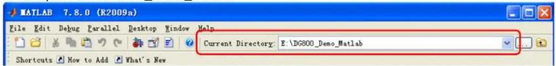 MATLAB 7.8.0 (R2009a) File Edit Debug Parallel Desktop Window Help Current Directory: E:\DG800_Demo_Matlab Shortcuts How to Add What's New