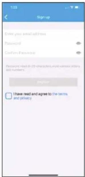 1:23 Sign up Enter your email address Password Confirm Password Password about 6-20 characters could contain letters and numbers. Register I have read and agree to the terms and privacy