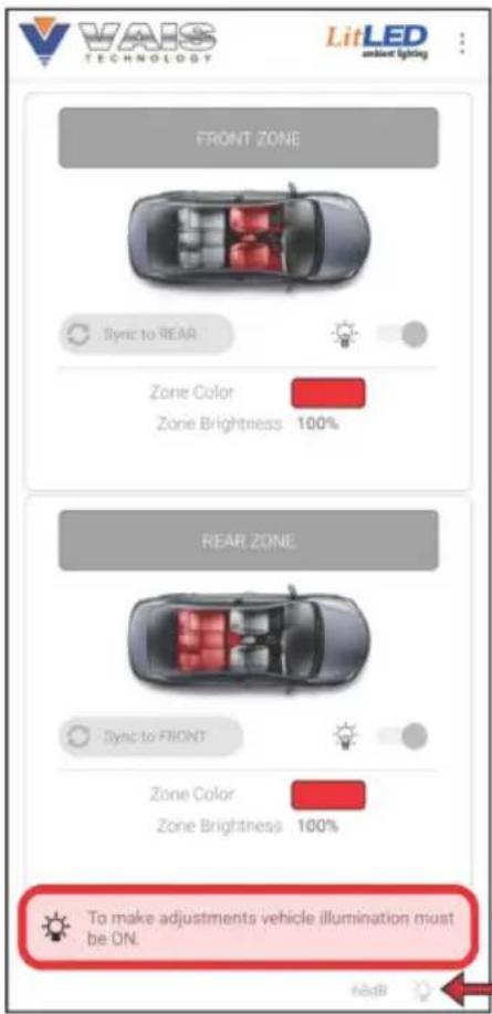 VAIS TECHNOLOGY LilLED ambient lighting FRONT ZONE Sync to REAR Zone Color Zone Brightness 100% REAR ZONE Sync to FRONT Zone Color Zone Brightness 100% To make adjustments vehicle illumination must be ON. 64dB