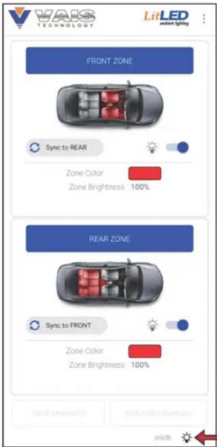 VARS TECHNOLOGY LitLED ambient lighting FRONT ZONE Sync to REAR Zone Color Zone Brightness 100% REAR ZONE Sync to FRONT Zone Color Zone Brightness 100% SAVE CHANGES -99dB